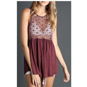 POL Burgundy Crocheted Tunic Top with Lace Up Back